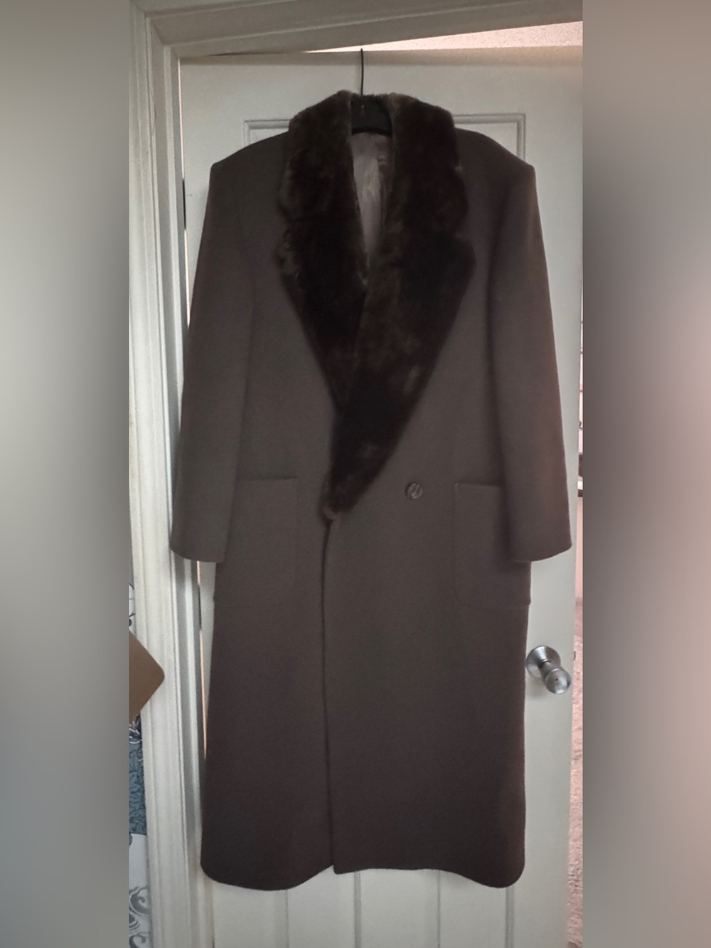 Perry Ellis Dark Brown Wool Pea Coat with Fur Shawl Collar